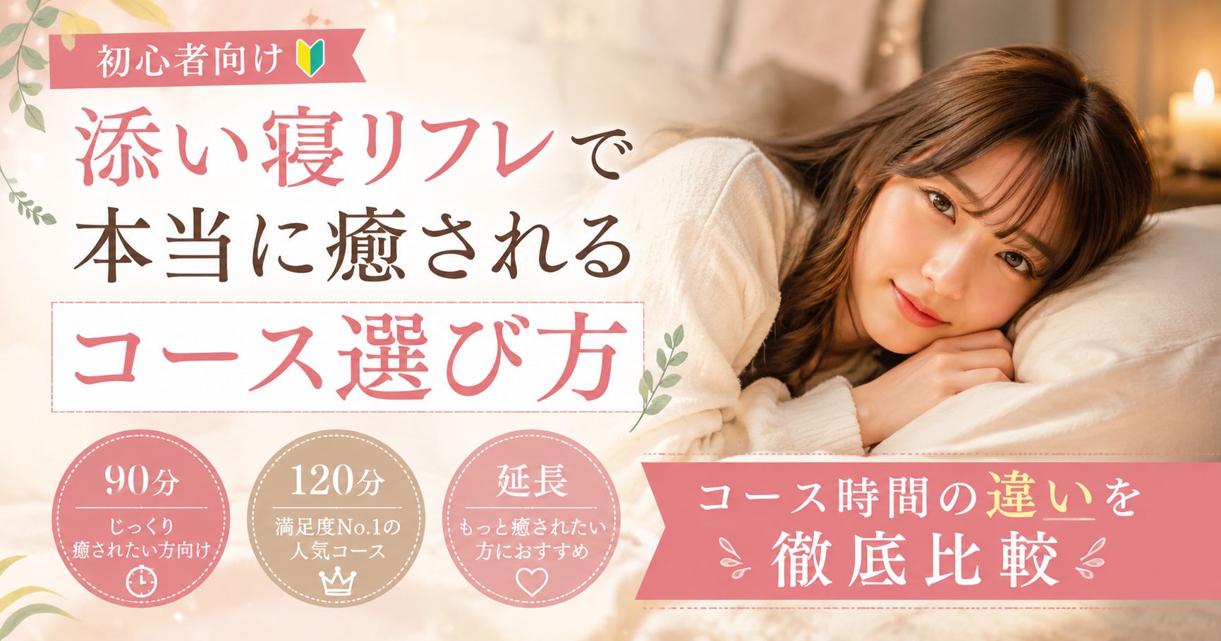 添い寝リフレで本当に癒されるコース選び方を紹介するアイキャッチ画像。女性モデルがベッドでくつろぐ背景に、90分・120分・延長などコース時間の違いを徹底比較する内容が書かれている。