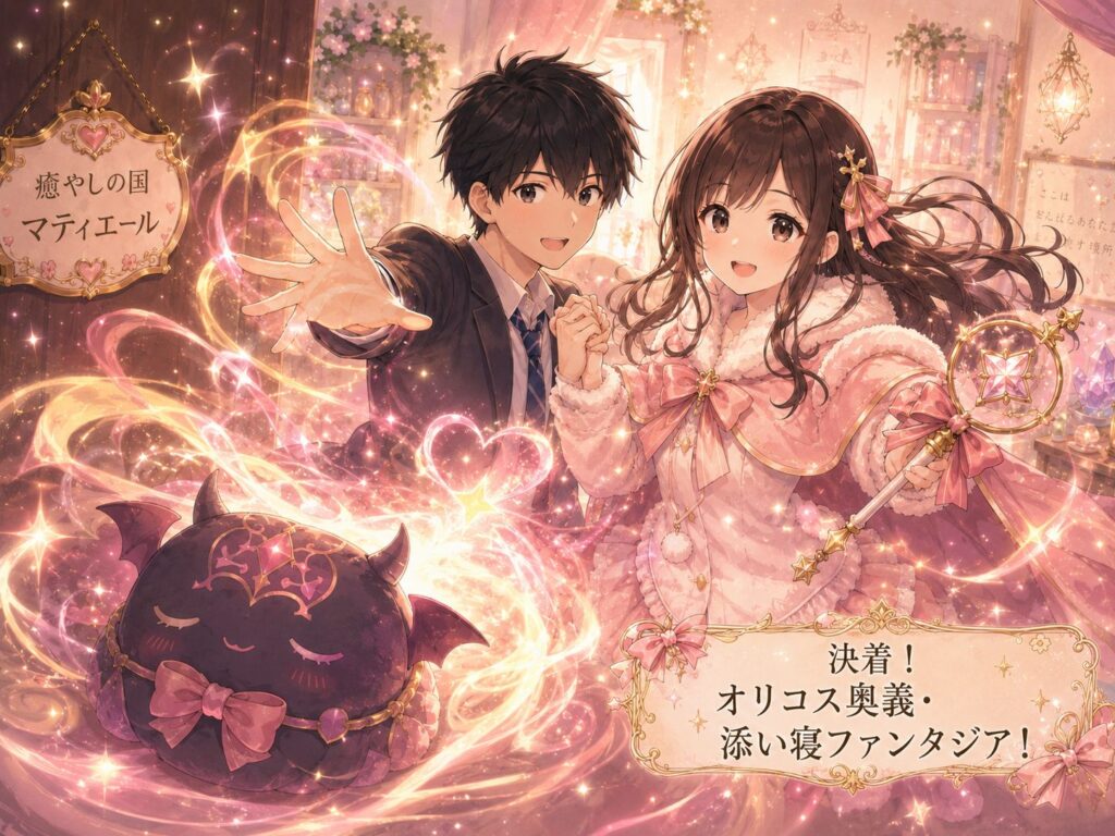 リリィと勇者がオリコス奥義・添い寝ファンタジアを発動し、魔王を可愛いクッションの姿に癒やすオリコスイベントのアニメ風挿絵