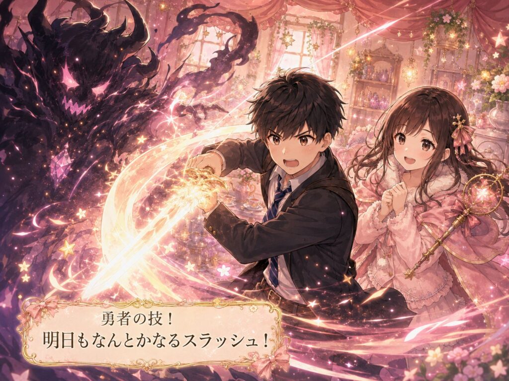 勇者役の男性客がコスプレの力で明日もなんとかなるスラッシュを放ち、リリィと一緒に魔王へ立ち向かうファンタジーアニメ風イラスト