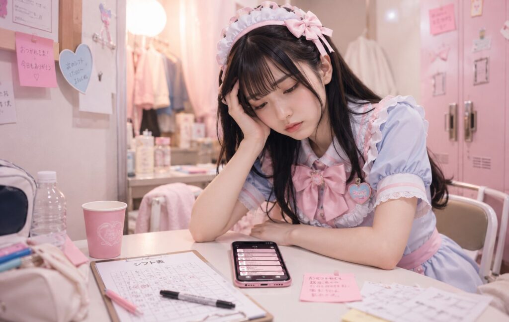 コンカフェ風のピンクの控室で、メイド衣装の女性がシフト表とスマホを前に疲れた表情で机に座っている様子。コンカフェ勤務に疲れた女の子の悩みや転職をイメージした画像。