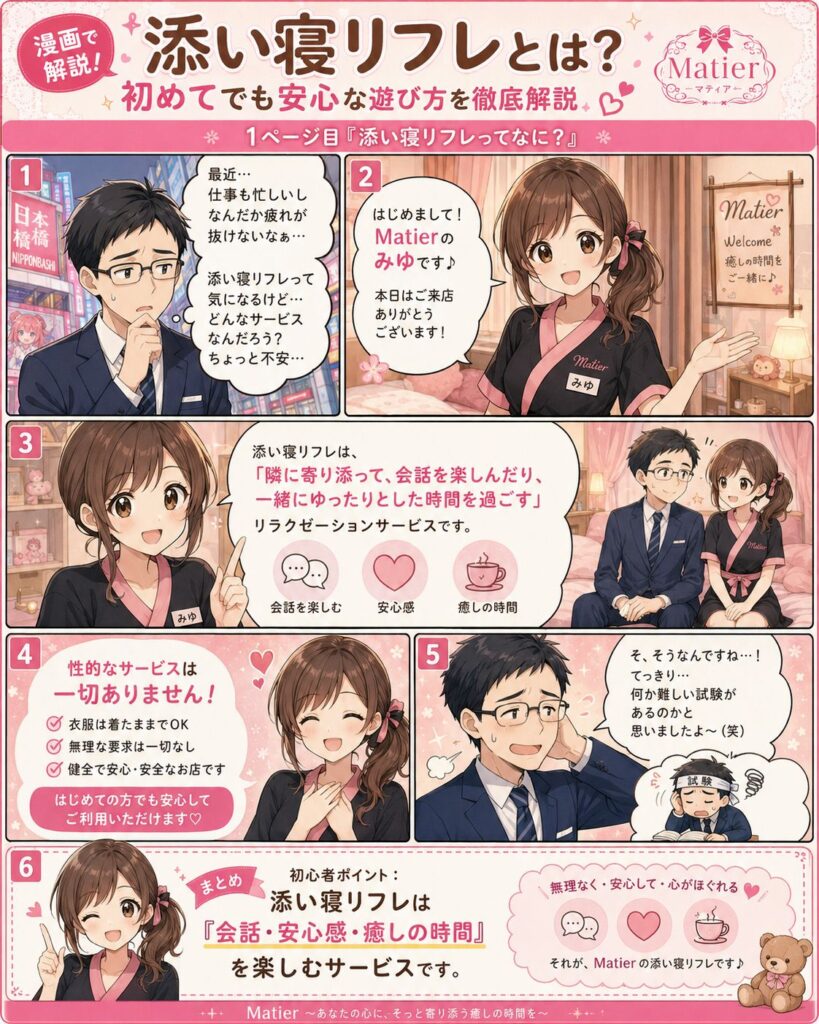 添い寝リフレとは何かを、マティエの女性キャストみゆが初心者向けに説明する漫画ページ