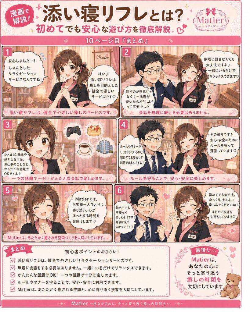 添い寝リフレの遊び方や会話、マナー、安全性を初心者向けにまとめた漫画の最終ページ