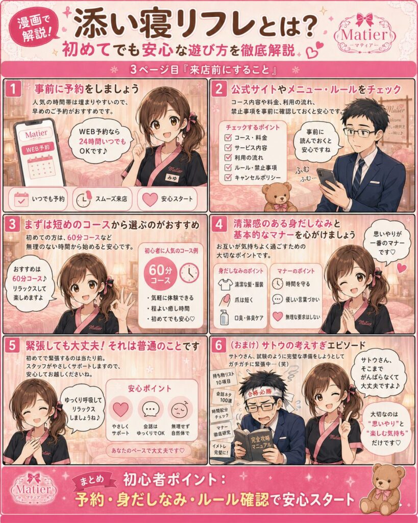 添い寝リフレ来店前の予約方法や料金、ルール確認、身だしなみのポイントを解説する初心者向け漫画ページ
