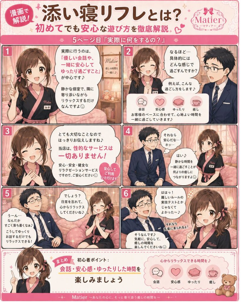 添い寝リフレで会話や安心感、ゆったりした時間を楽しむ過ごし方を紹介する漫画ページ