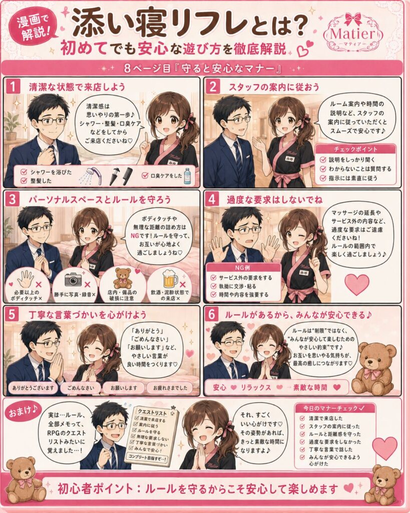 添い寝リフレを安心して楽しむための清潔感、スタッフの案内、距離感、ルールとマナーを解説する漫画ページ