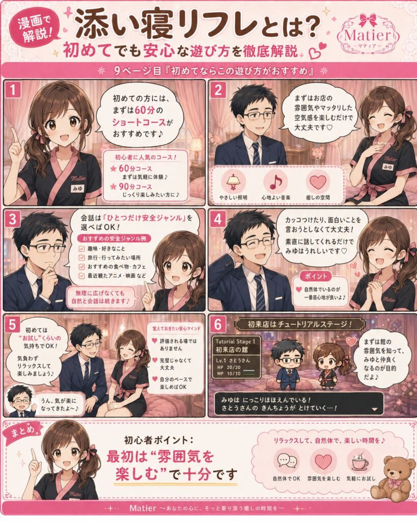 添い寝リフレ初心者におすすめのコースや会話の話題、自然体で楽しむ方法を紹介する漫画ページ